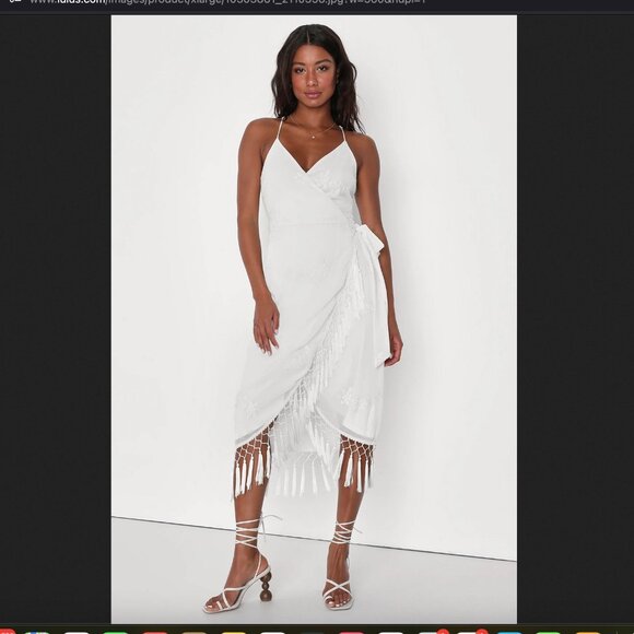 lulu's | Fun Affair White Floral Embroidered Tassel Midi Wrap Dress - Picture 1 of 10